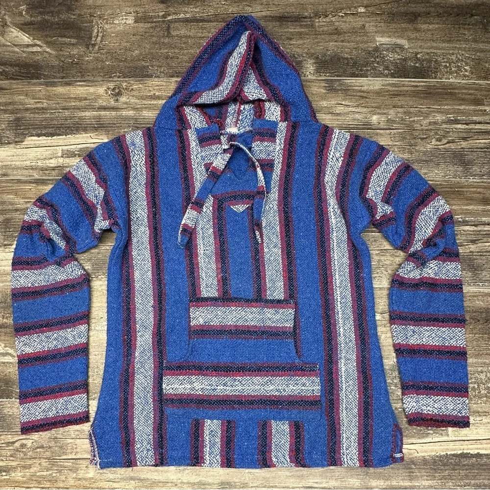 Blue Striped Baja Hoodie Mexican Blanket Pullover Men’s Medium - GUC